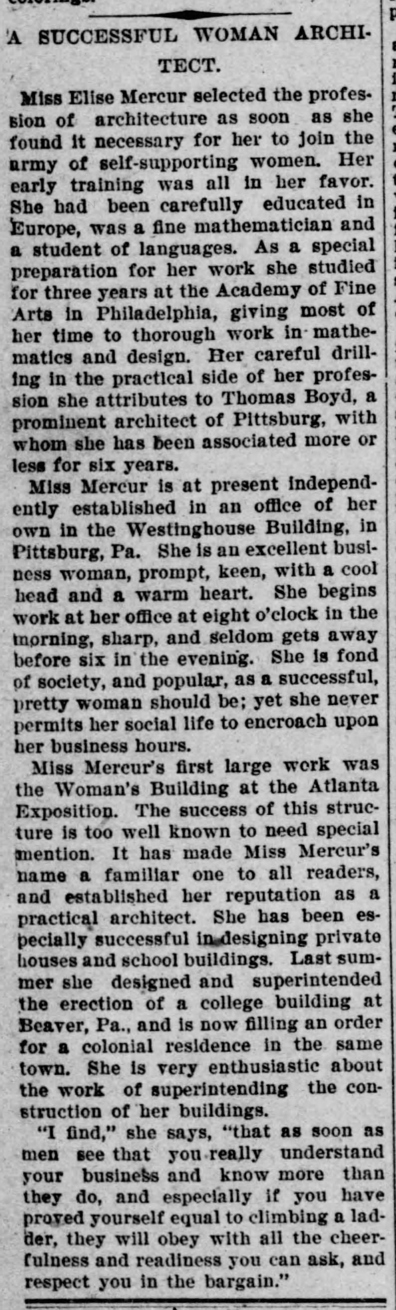 A Successful Woman Architect, The Banner-Democrat, (Lake-Providence, Louisiana) 3 October 1896, p 4