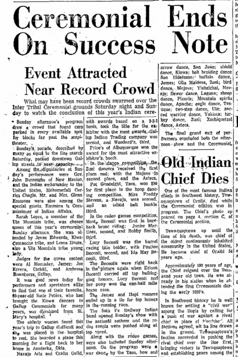 Ceremonial Ends on Success Note, The Gallup Independent (Gallup, New Mexico) August 15, 1960, p 1