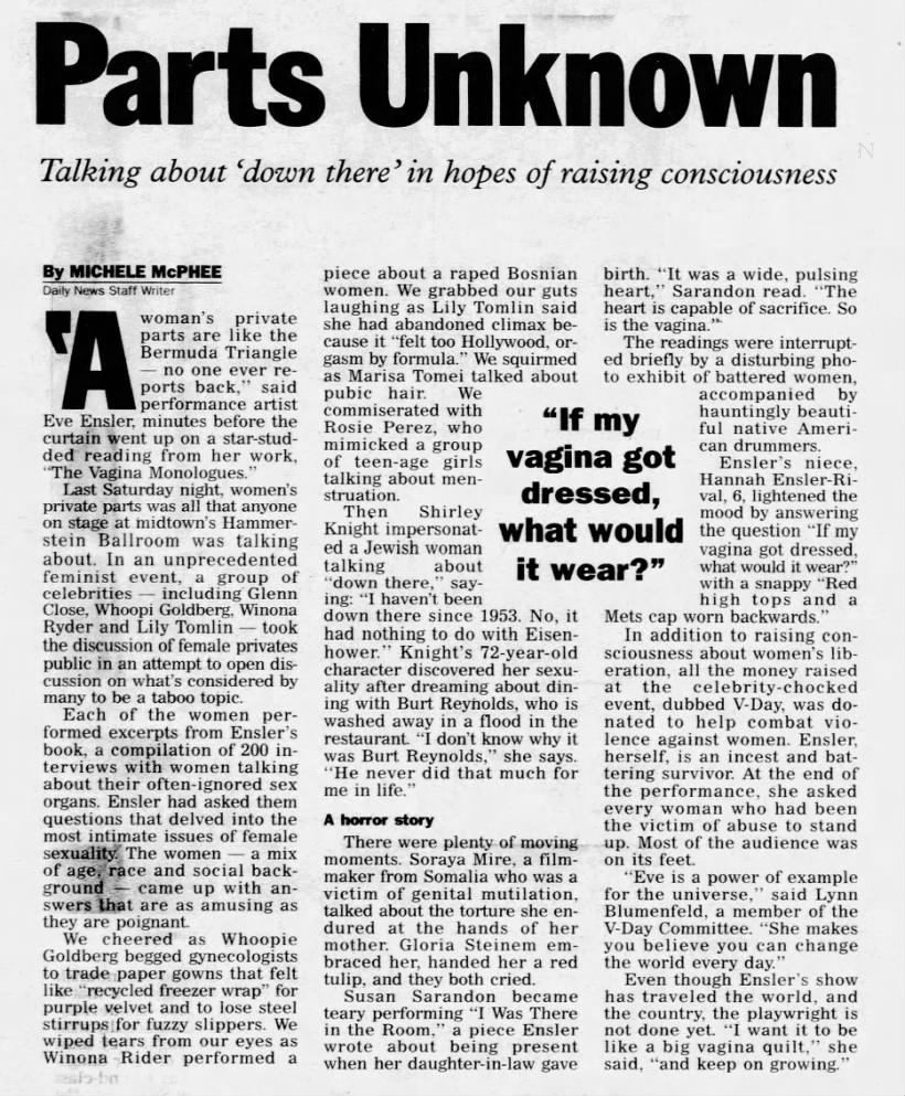 McPhee, Michele. Parts Unkown. (19 February 1998) New York City: The Daily News. p 51