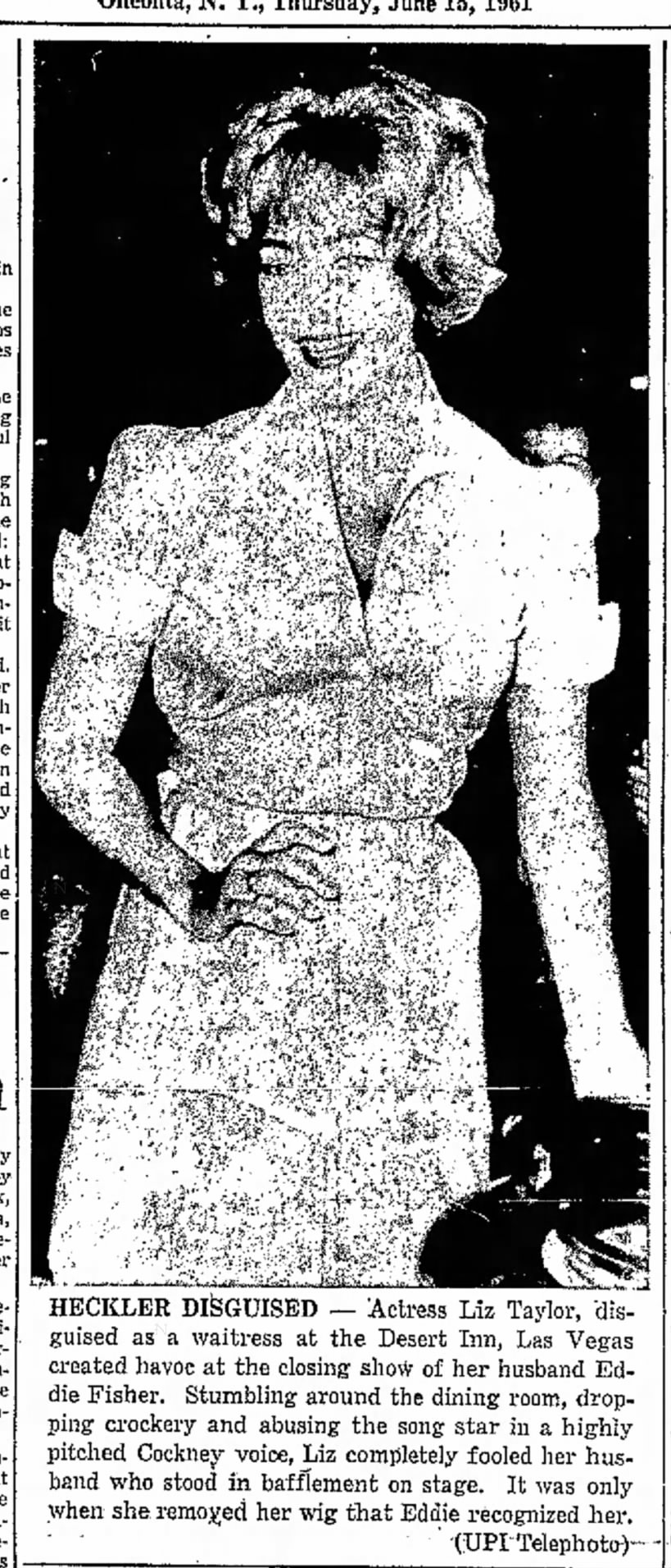 Heckler Disguised, The Oneonta Star (Oneonta, New York), 15 June 1961, p 1