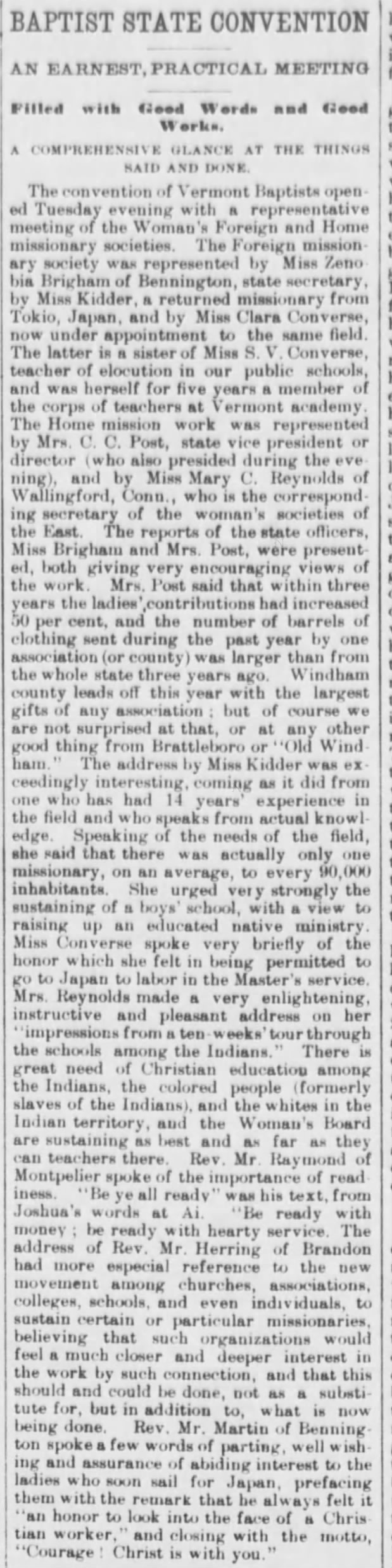 Baptist State Convention, Vermont Phoenix (Brattleboro, Vermont) September 27, 1889, p 2