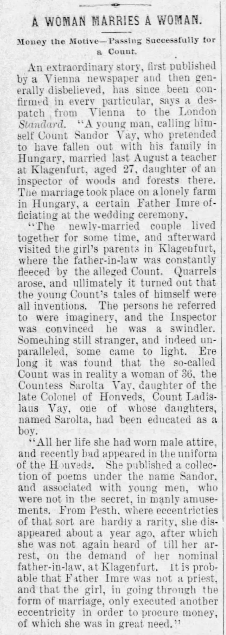 A Woman Marries a Woman. 30 November 1889. Lancaster, Pennsylvania: The Inquirer. p. 2