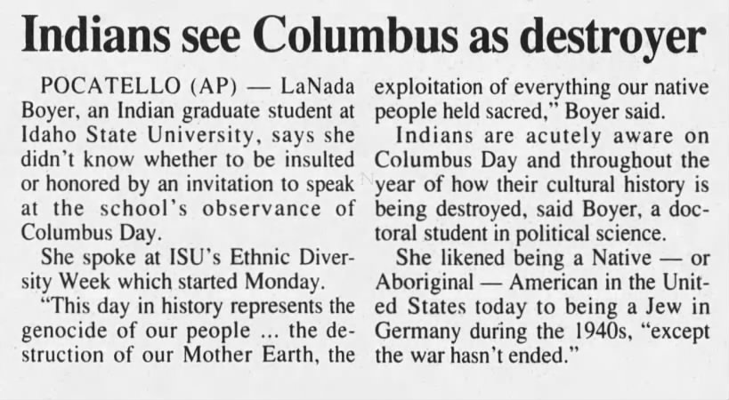 Indians See Columbus as Destroyer. October 13, 1993. Twin Falls, Idaho: The Times-News, p 10