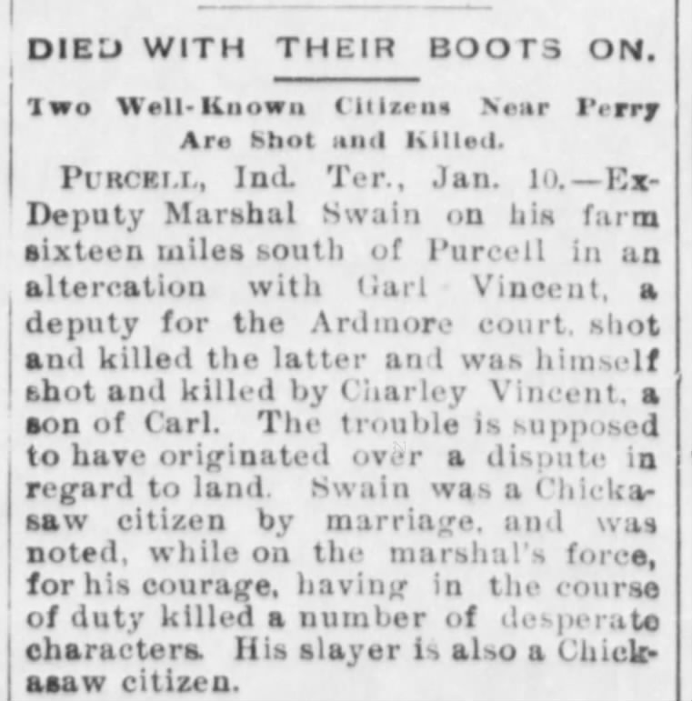 Died with Their Boots on. The Guthrie Daily Leader (Guthrie, Oklahoma) 11 January 1895, p 1