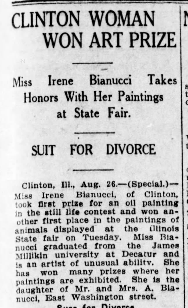 Clinton Woman Won Art Prize, the Pantagraph (Bloomington, Ilinois) August 27, 1926, p 19