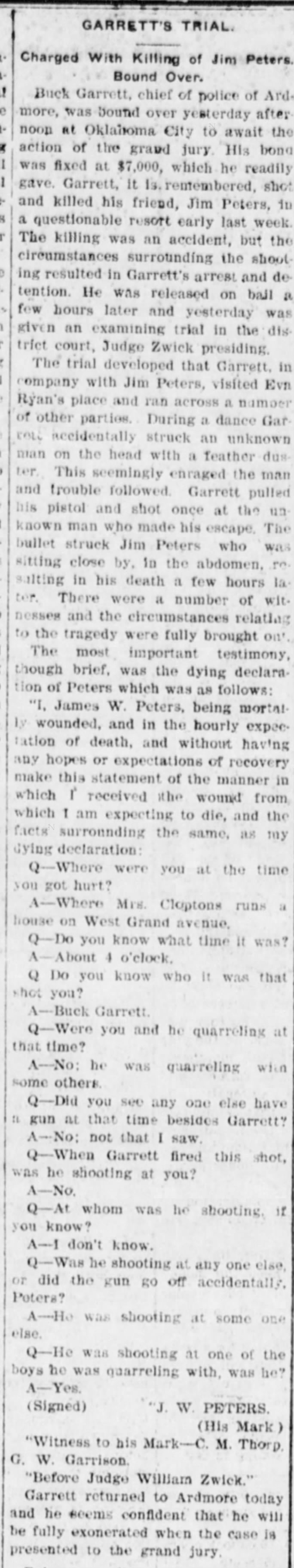 Garrett's Trial. The Daily Ardmoreite (Ardmore, Oklahoma) March 28, 1906, p 4