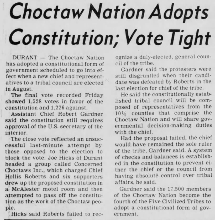 Choctaw Nation Adopts  Constitution; Vote Tight