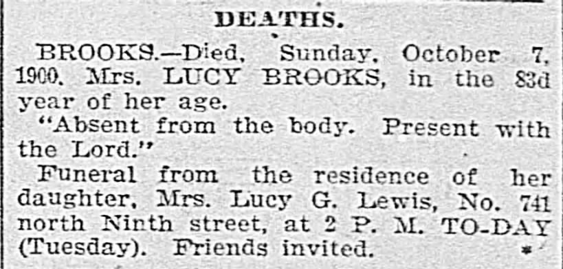 Deaths, Richmond Dispatch, (Richmond, Virginia) 9 October 1900, p 3
