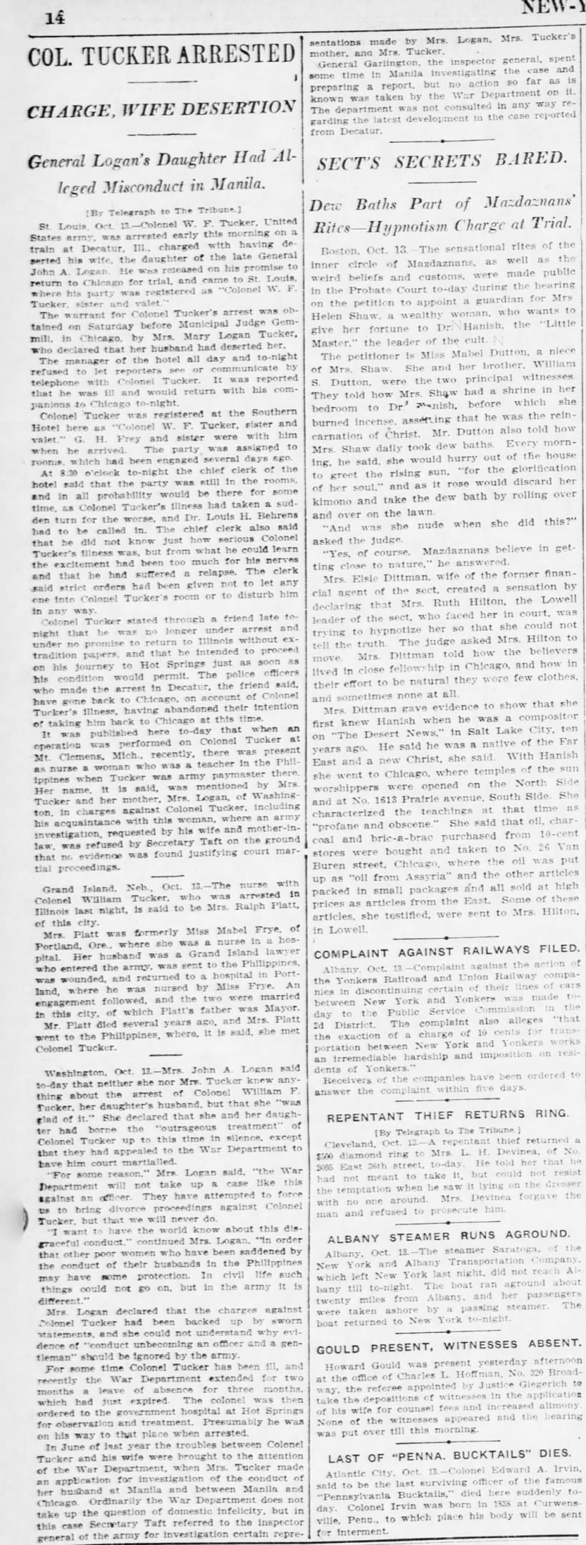 Col. Tucker Arrested. The New York Tribune (New York, New York) October 14m 1908, p 14