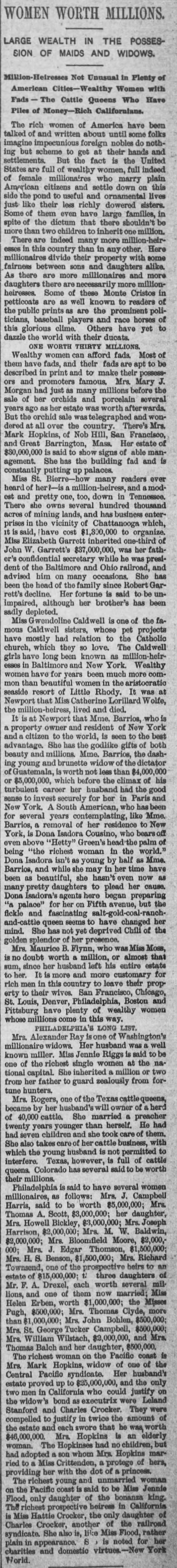 Women Worth Millions. The Newton Daily Republican (Newton, Kansas) 15 August 1889, p 1