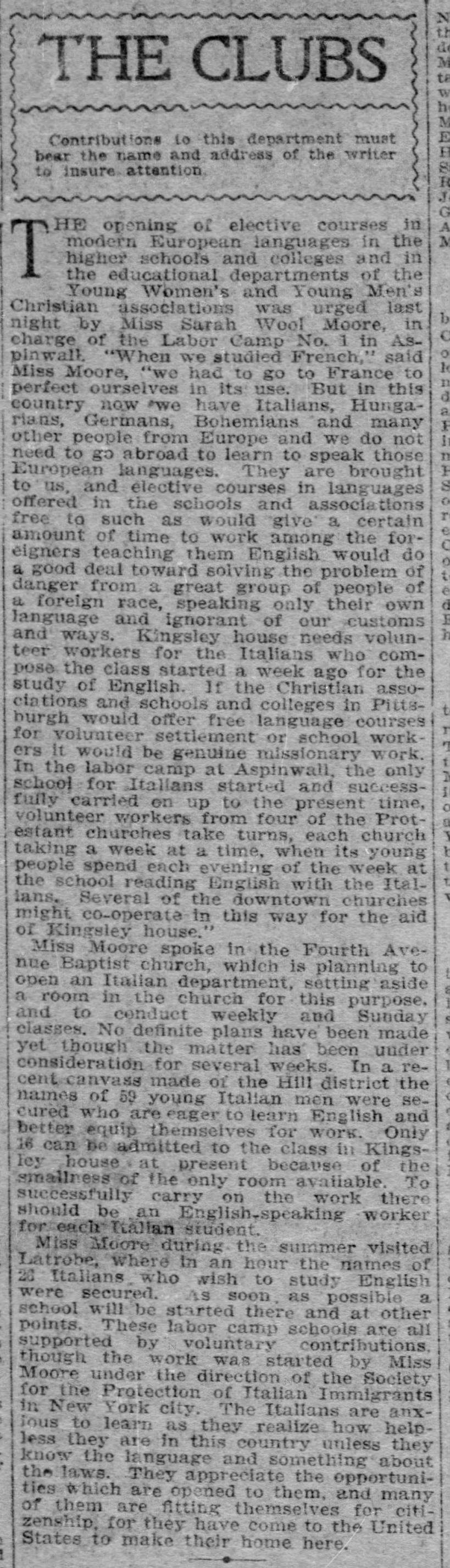 The Clubs. The Pittsburgh Post-Gazette (Pittsburgh, Pennsylvania) November 21, 1906, p 10