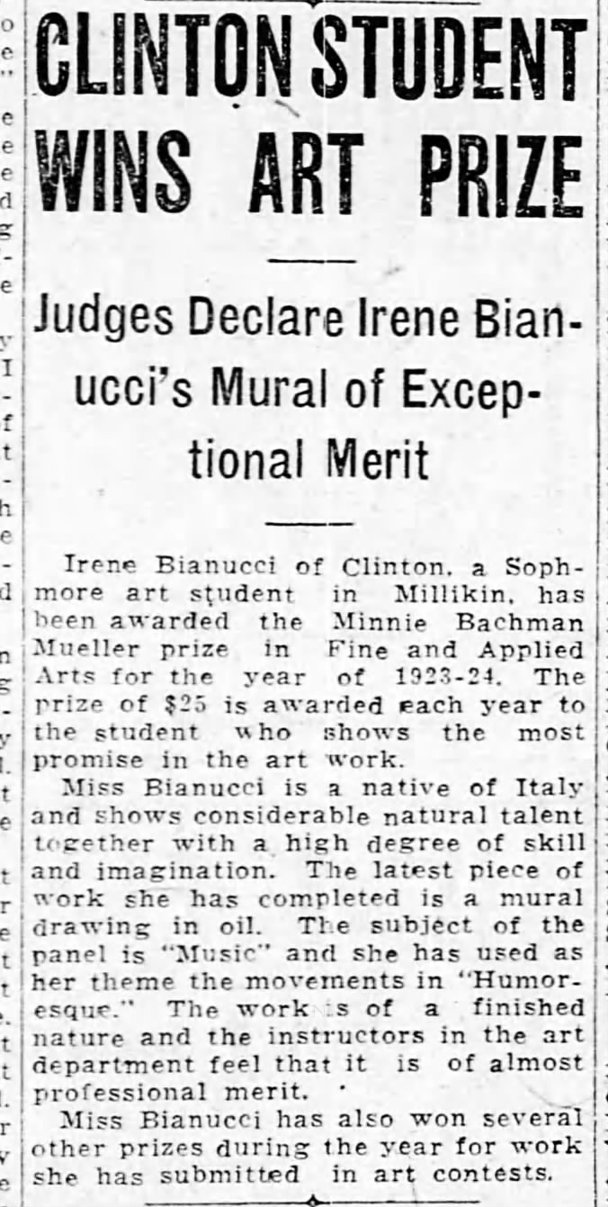 Clinton Student Wins Art Prize, The Decatur Herald (Decatur, Illinois), June 9, 1924, p 3