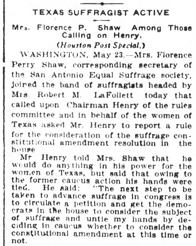 Texas Suffragist Active. The Houston Post (Houston, Texas) 24 May 1914, p 6