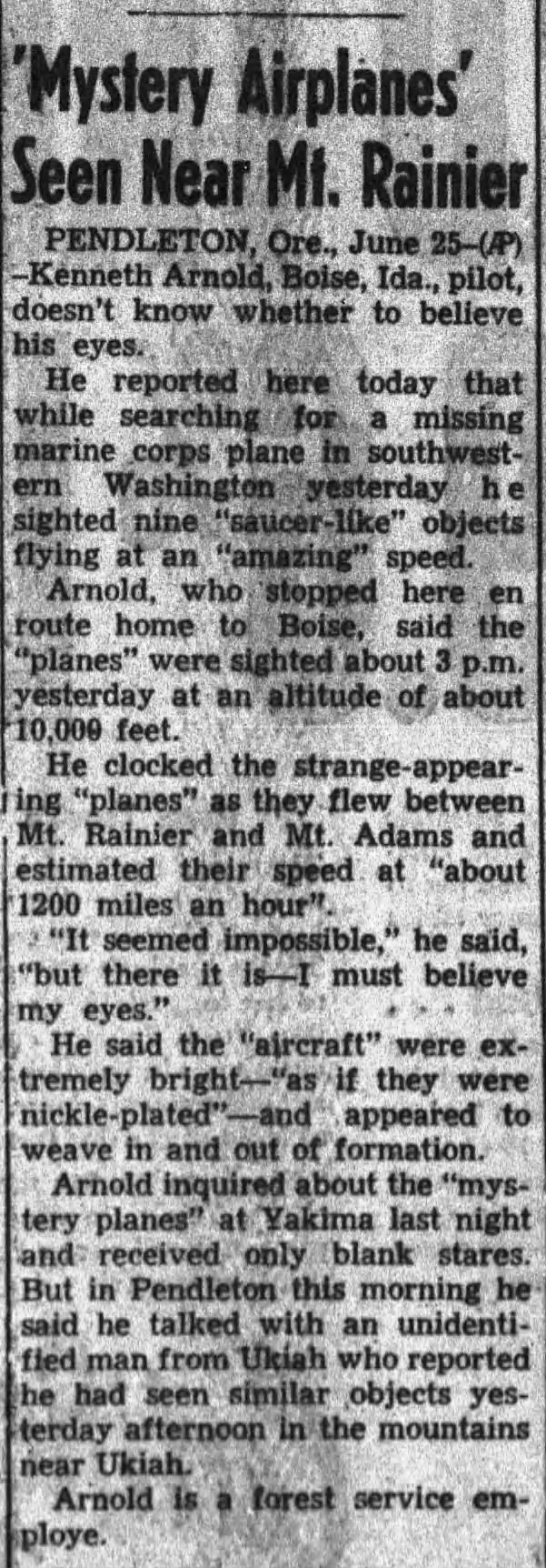 Kenneth Arnold UFO sighting June 25, 1947