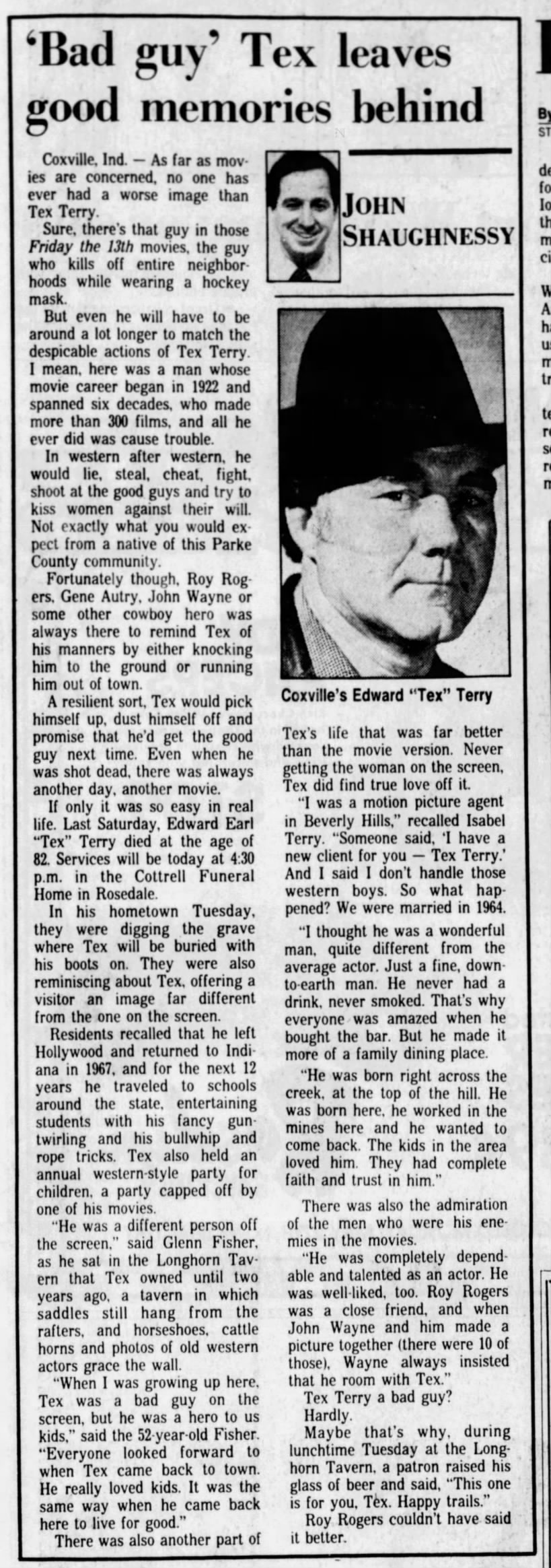 Death and funeral announcement for western movie actor Tex Terry.