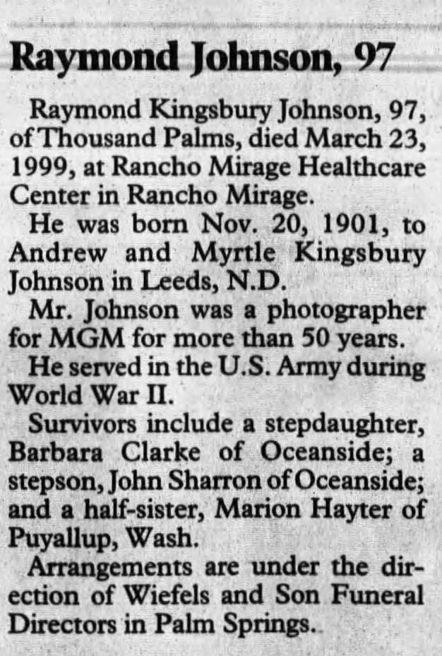Obituary for Raymond Kingsbury Johnson, 1901-1999 (Aged 97)