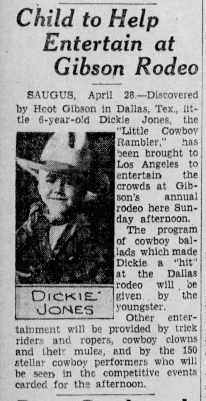 Six-year old Dickie Jones appearing with Hoot Gibson's Rodeo in Saugus, California.