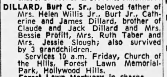 Funeral notice for actor Burt C. Dillard.