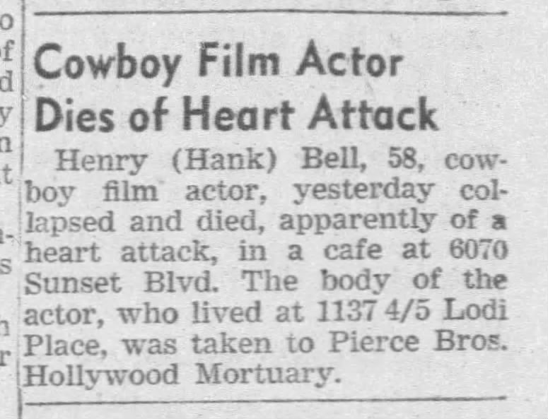 Death notice for western movie actor Hank Bell / Henry Branch Bell.