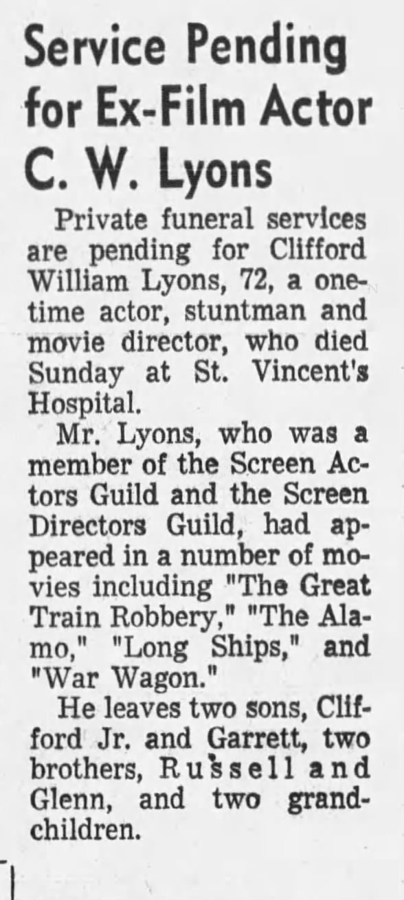 Private funeral service planned for actor and stuntman Cliff Lyons.