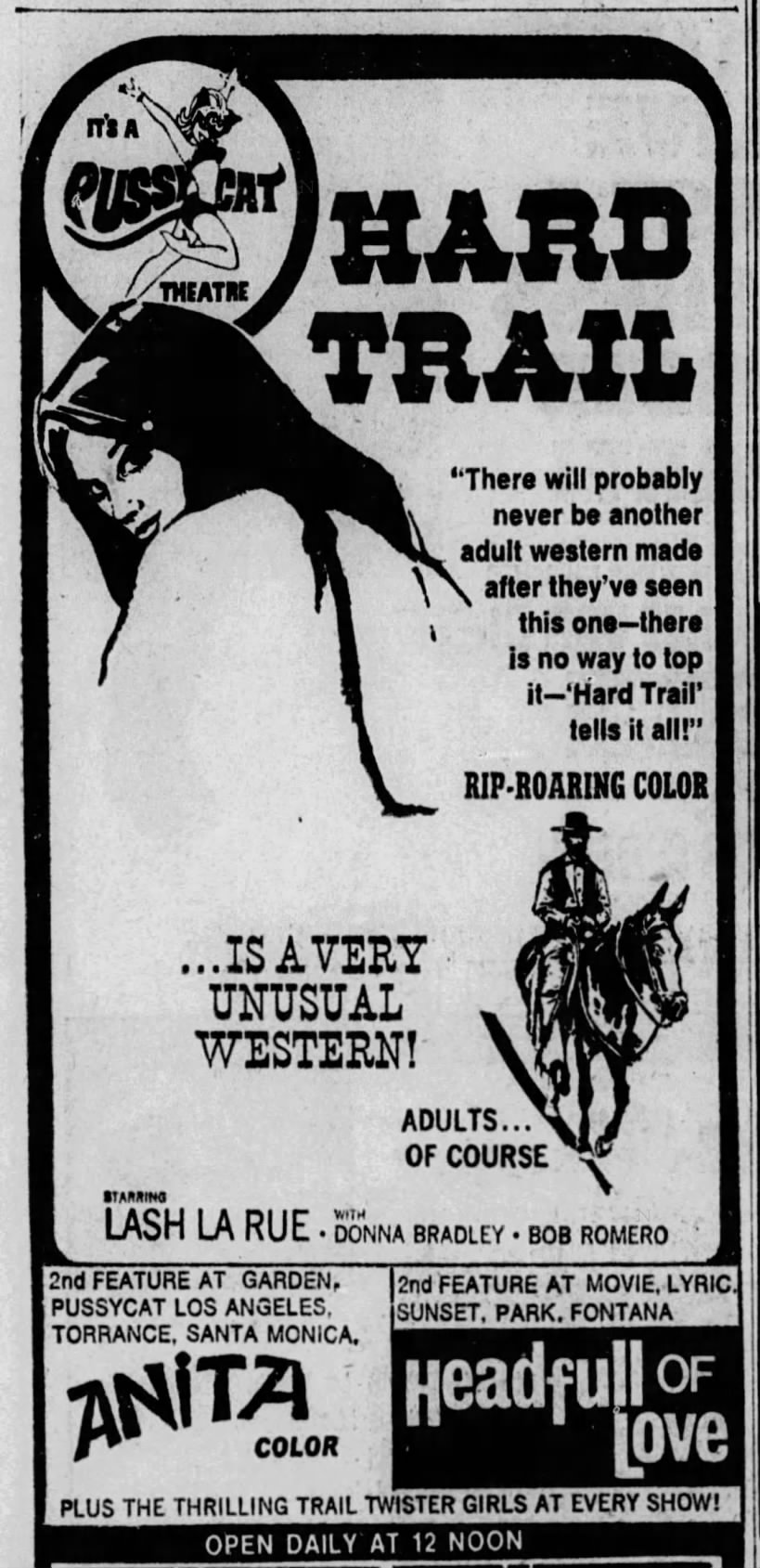 1970 ad for the movie "Hard Trail" at a Los Angeles adult theater. Starring Lash La Rue.