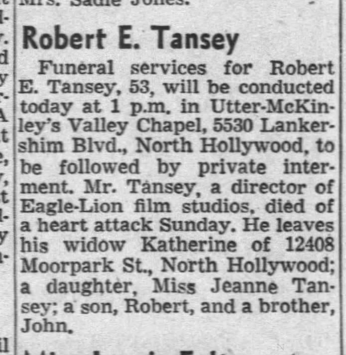 Funeral notice for western movie producer, director, writer Robert Emmett Tansey.