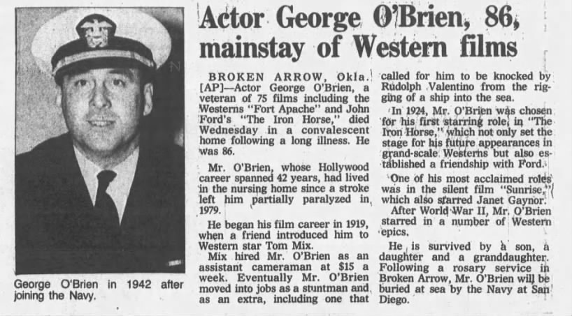 Death notice for actor George O'Brien.