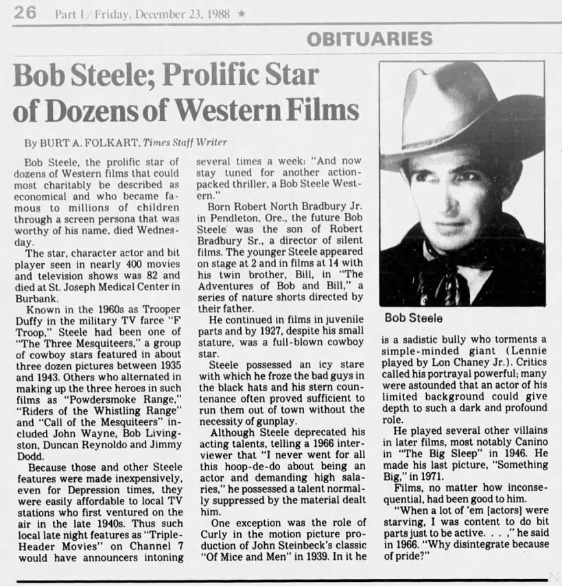 Obituary for western movie actor Bob Steele.