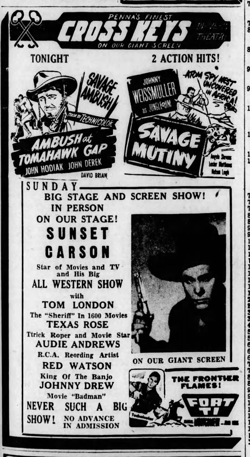 Movie cowboy Tom London on 1954 personal appearance tour with Sunset Carson.