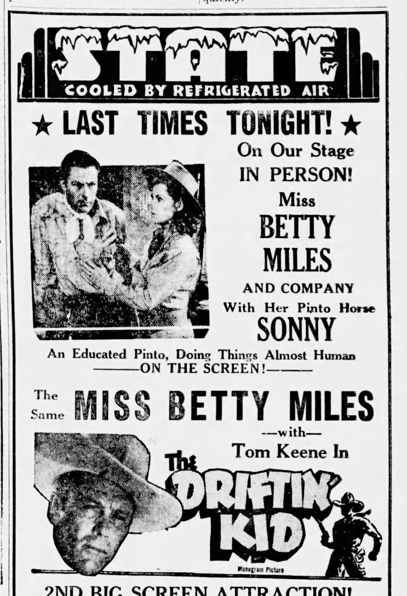 Western movie heroine Betty Miles and her horse "Sonny" at a theater appearance in 1942.