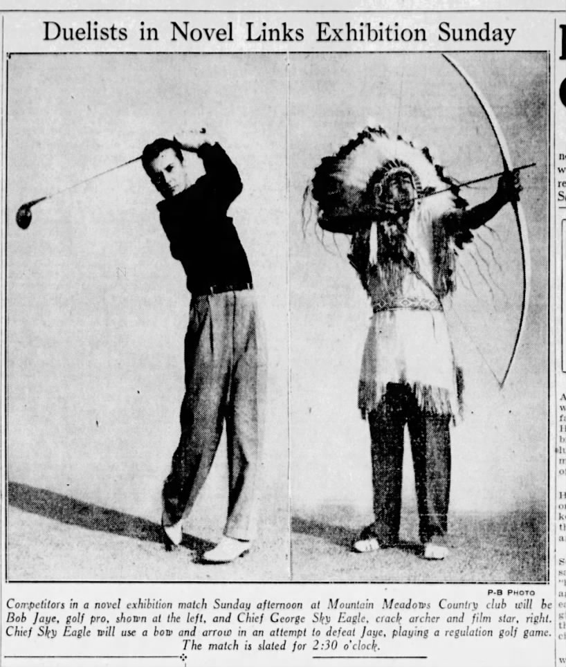Photo of Chief Sky Eagle using a bow and arrow at a golf tournament.