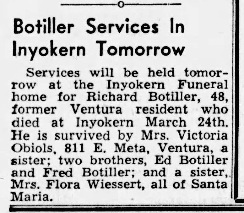 Funeral notice for actor Dick Botiller / Richard Botiller.
