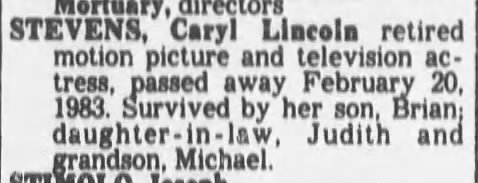 Obituary for Caryl Lincoln Stevens.