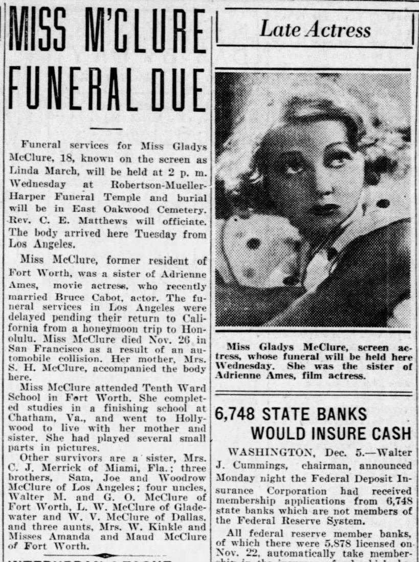 1933 death announcement for Gladys McClure, actress and sister of actress Adrienne Ames.