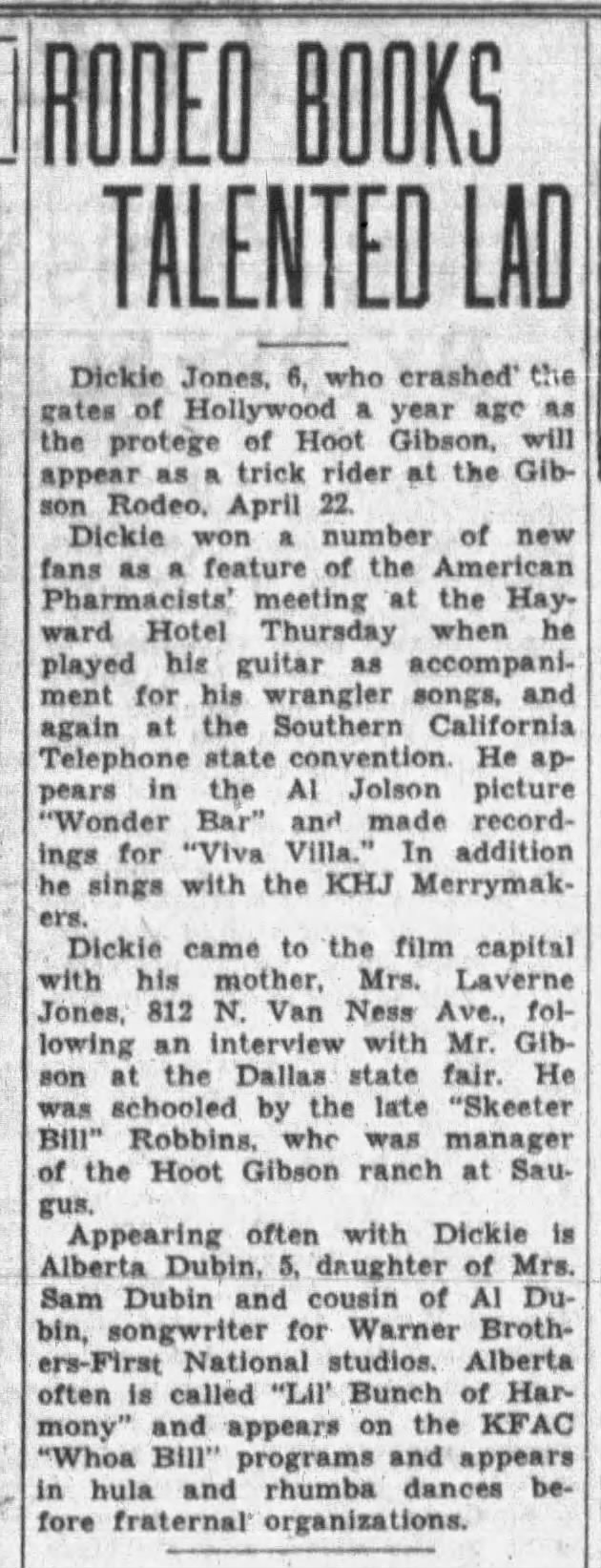 6 year old Dickie Jones, protege of western movie star Hoot Gibson, is in Hollywood doing movies.