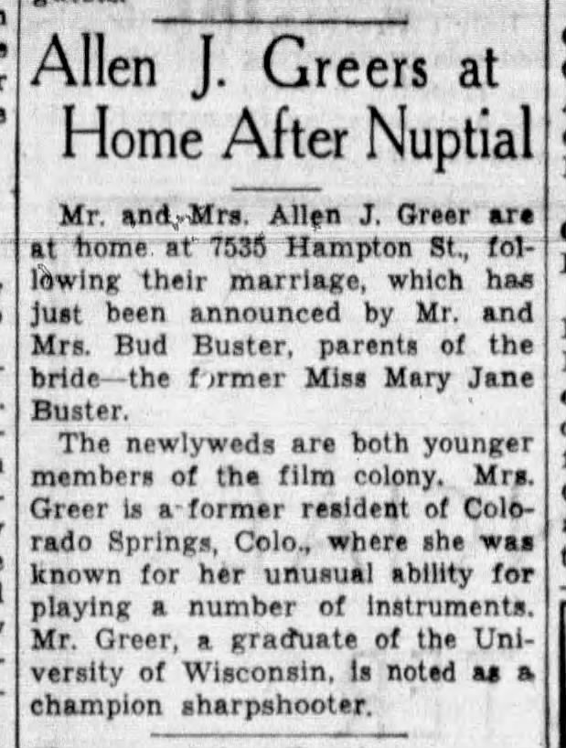 Announcement of the October, 1935 marriage of Mary Jane Buster and Allen Greer.