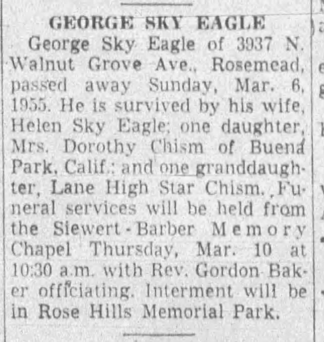 Death announcement for George Sky Eagle.