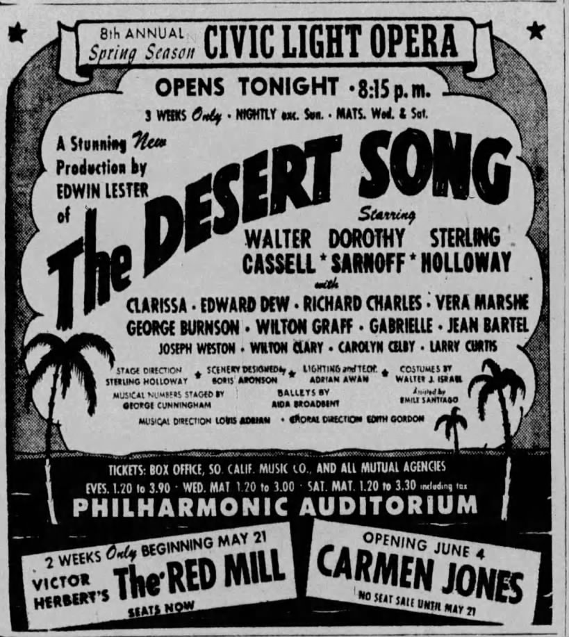 1945 ad for western movie actor Eddie Dew in the play "The Desert Song" for the Civic Light Opera.