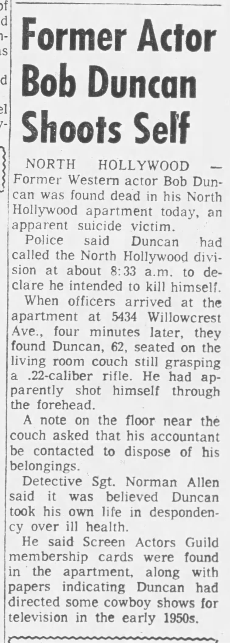 Suicide of western movie actor Bob Duncan.