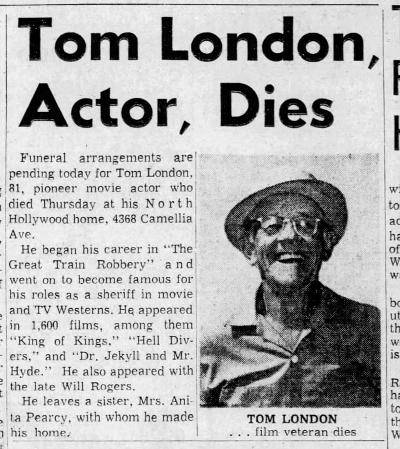 Death notice for western movie actor Tom London.