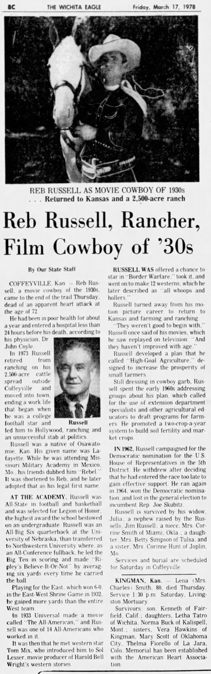 1978 death notice for Lafayette H. Russell. He was western movie hero "Reb Russell".