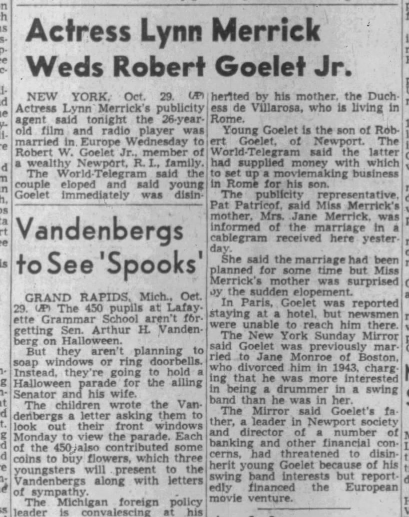 October, 1949 elopement and marriage of actress Lynn Merrick to Robert Goelet Jr.