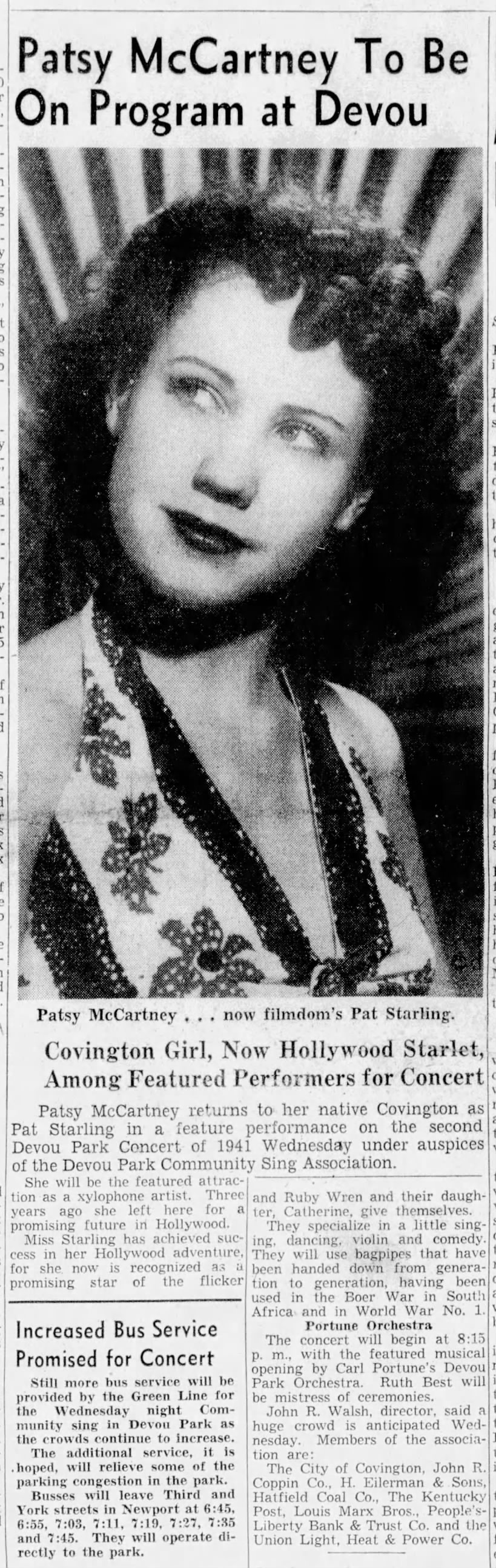 Hollywood's Pat Starling (Patsy McCartney) performing at 1941 concert at Devou Park.