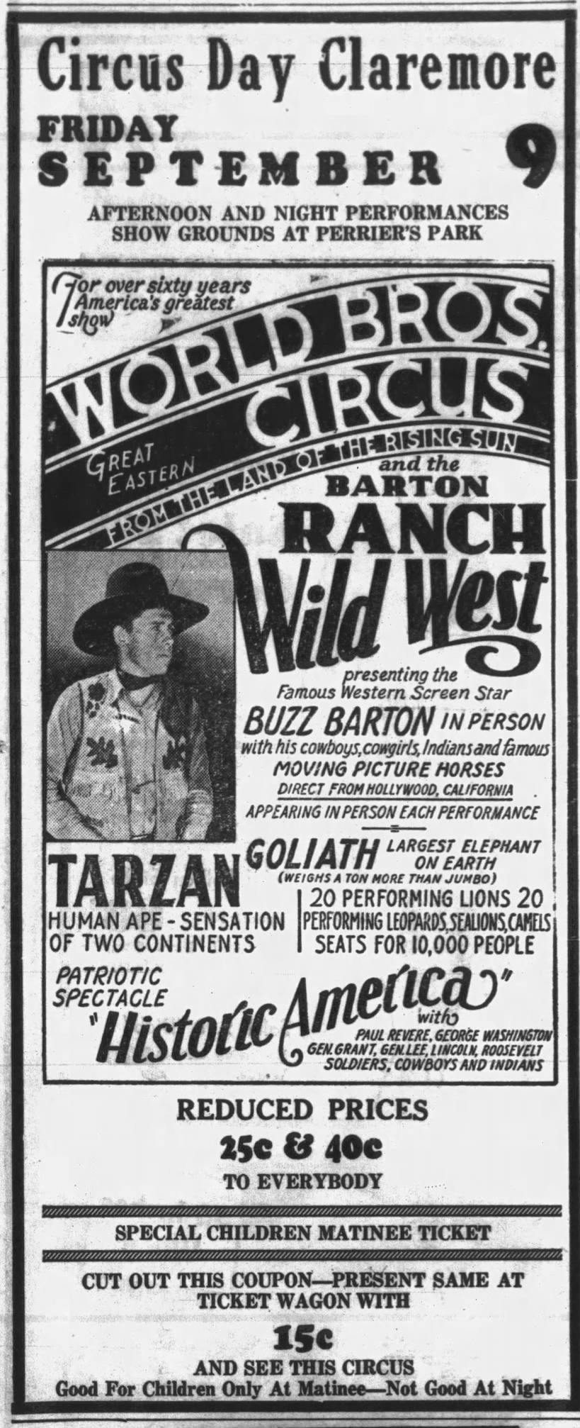 Buzz Barton Ranch Wild West show appearing with World Bros. Circus.