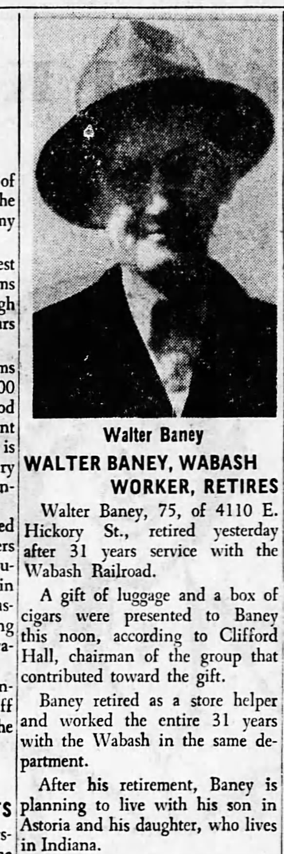 WALTER SCOTT BANEY-RETIREMENT-1955-WORKED FOR WABASH