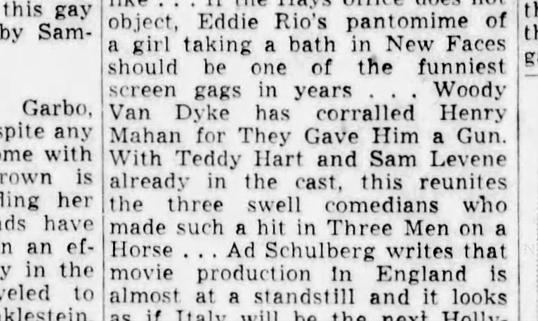 Sam Levene and Teddy Hart announced for Woody Van Dyke's "They Gave Him A Gun" film, March 20, 1937