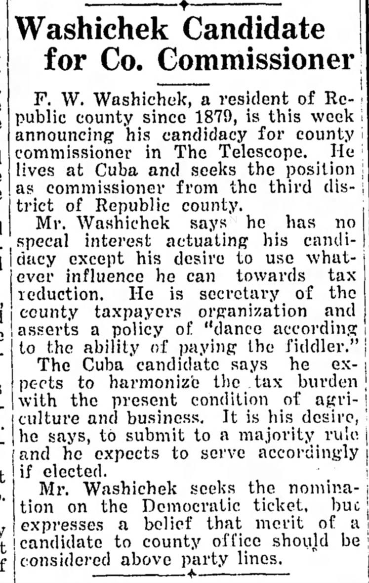 F.W. Washichek Running for County Commissioner Bellville telescope feb 1932
