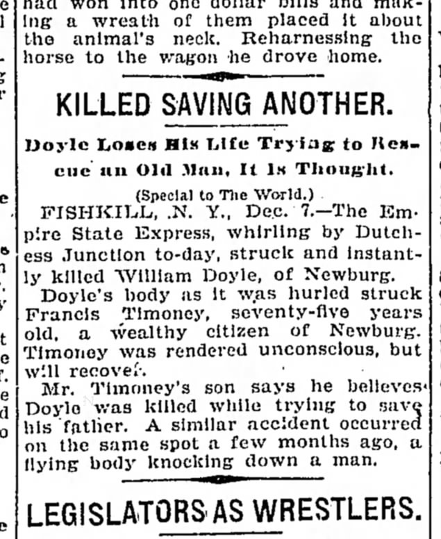 The World NY NY 8 Dec 1899 pg 1 col 3 Timoney Saved