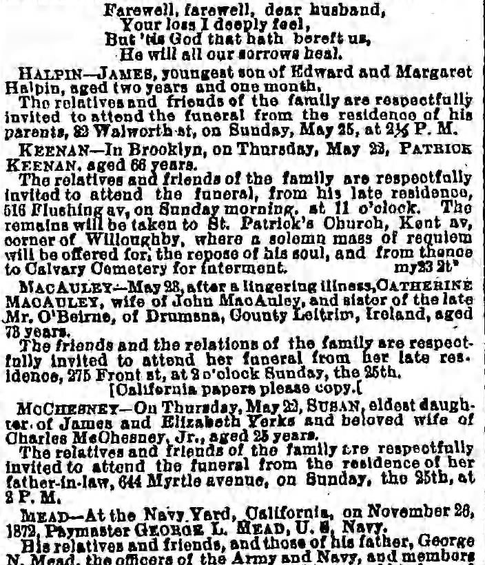 Halpin James Died Brooklyn Daily Eagle Saturday 24 may 1873 page 2 column 6 Walworth St