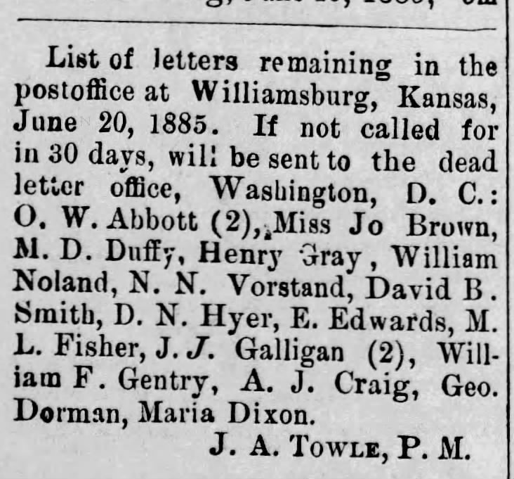 William F Gentry unclaimed letter in Williamsburg, Kansas